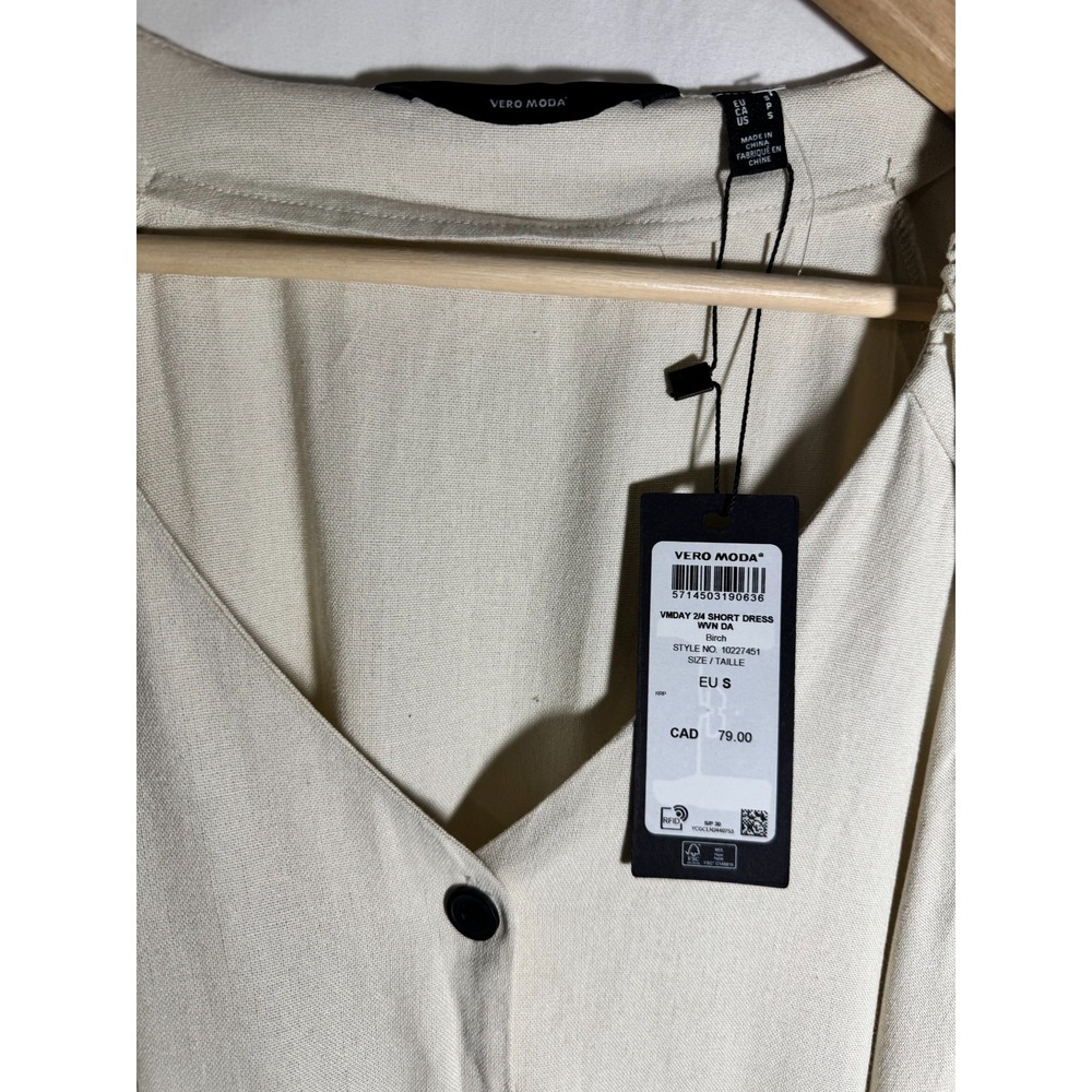 NWT VERO MODA Linen Blend Puff Sleeve Midi‎ Dress Birch Beige Tie Waist Size S - Picture 6 of 6